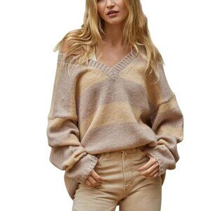 By Together Milie Striped Sweater V Neck Cozy Soft Wool Blend Neutral Size S